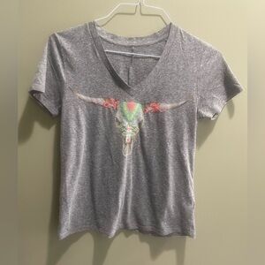 Gray V-Neck Tee with Colorful Bull Skull